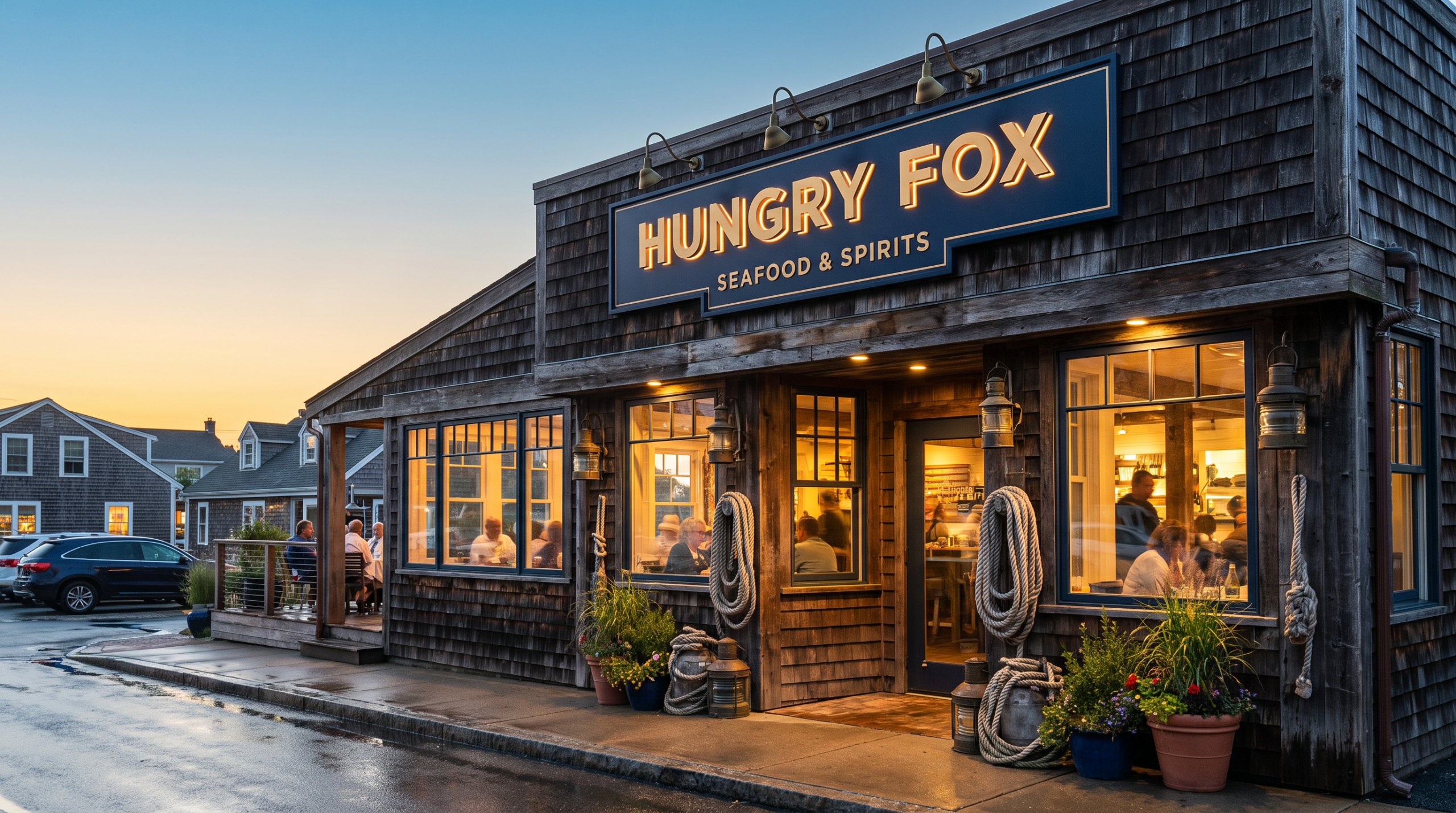 Hungry Fox restaurant exterior at dusk