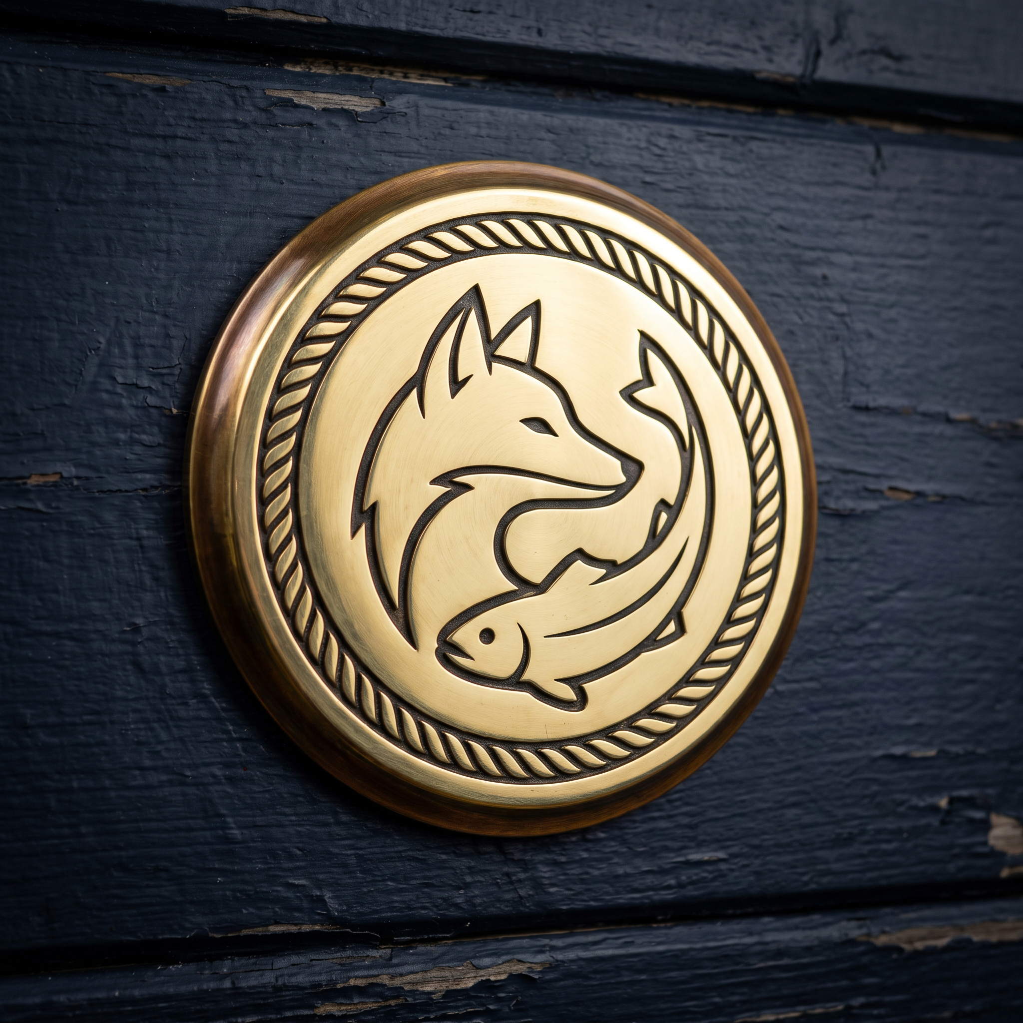 Hungry Fox brass emblem logo with fox and fish design